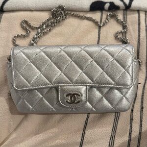 Chanel Metallic Lambskin Quilted Glasses Case With Chain Silver